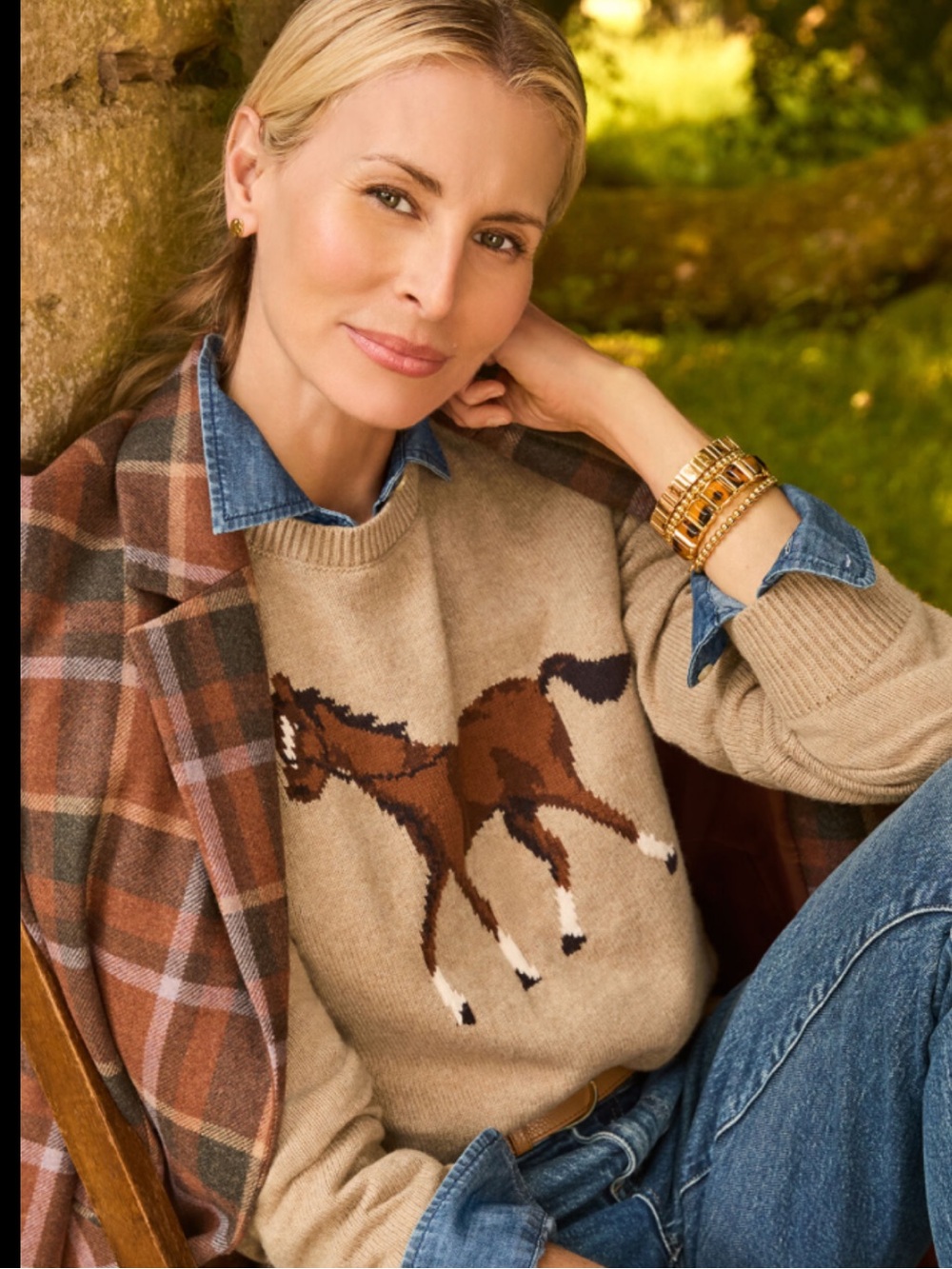New Talbots 2X Beige Horse Intarsia Crewneck Sweater